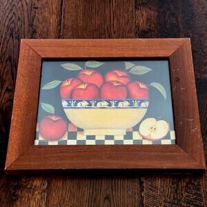 Primitive Folk Art Apples Painting by Diane Ulmer Pederson, Vintage Framed